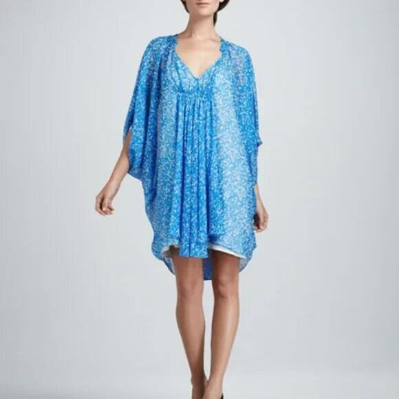 Diane Von Furstenberg Fleurette Silk Dress Fleck Blue Chiffon Flutter Sleeve 2 - Picture 1 of 10